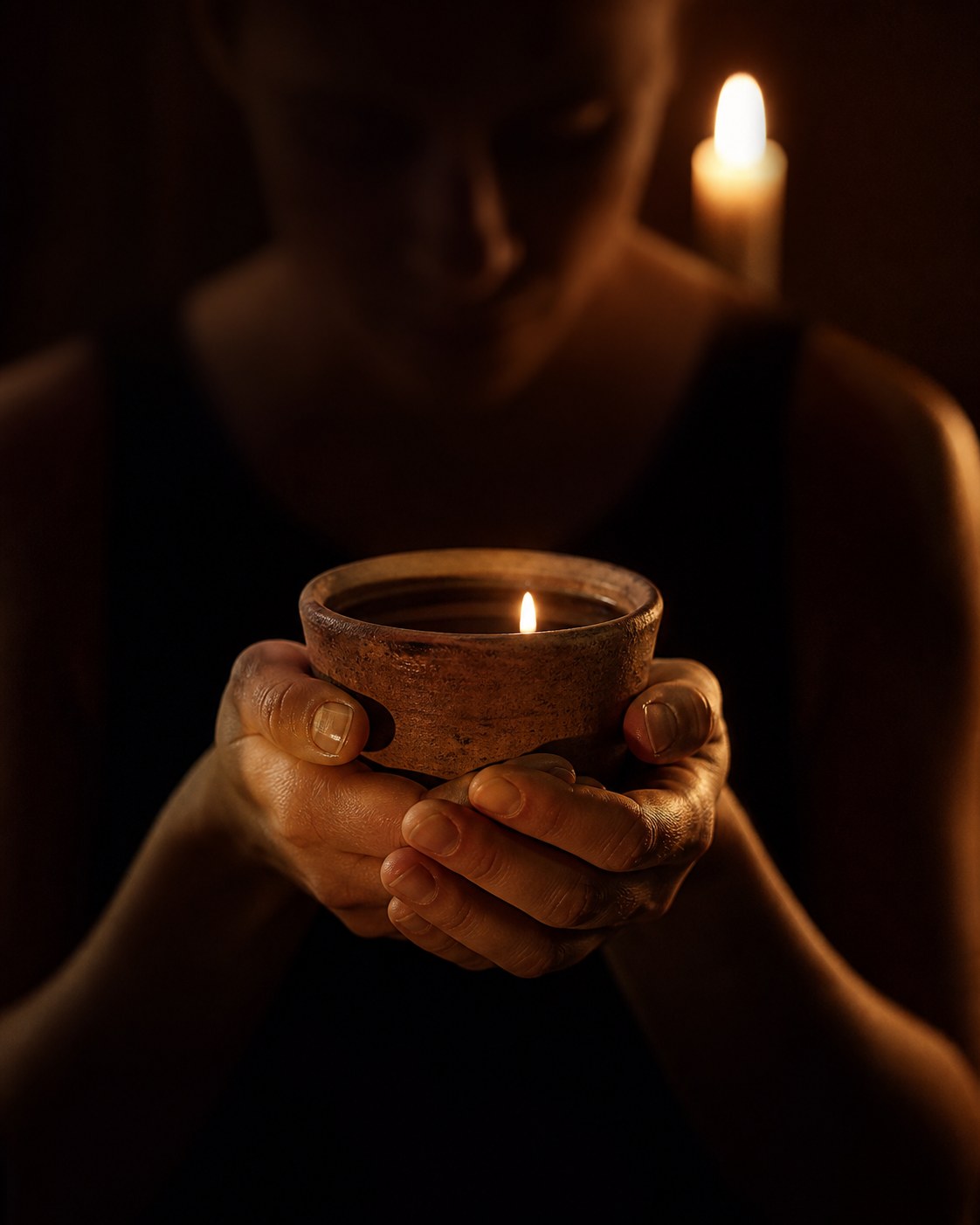 A single copita held in two hands in near darkness, one candle behind it, the drinker's face out of focus and turned down toward the glass.