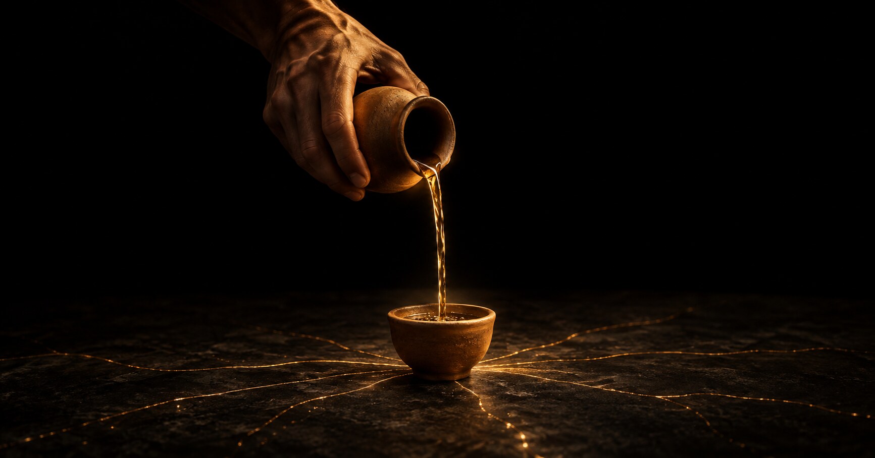 A hand pours a thin golden stream from a clay jarrito into a clay copita on black stone veined with gold.