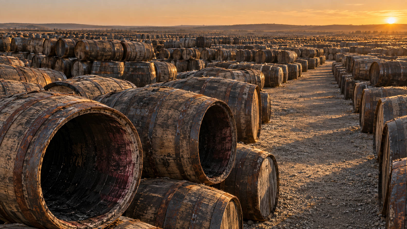 Hundreds of used oak whiskey barrels stacked in rows across an open yard at sunset, the charred and wine-stained insides visible on the open ends.