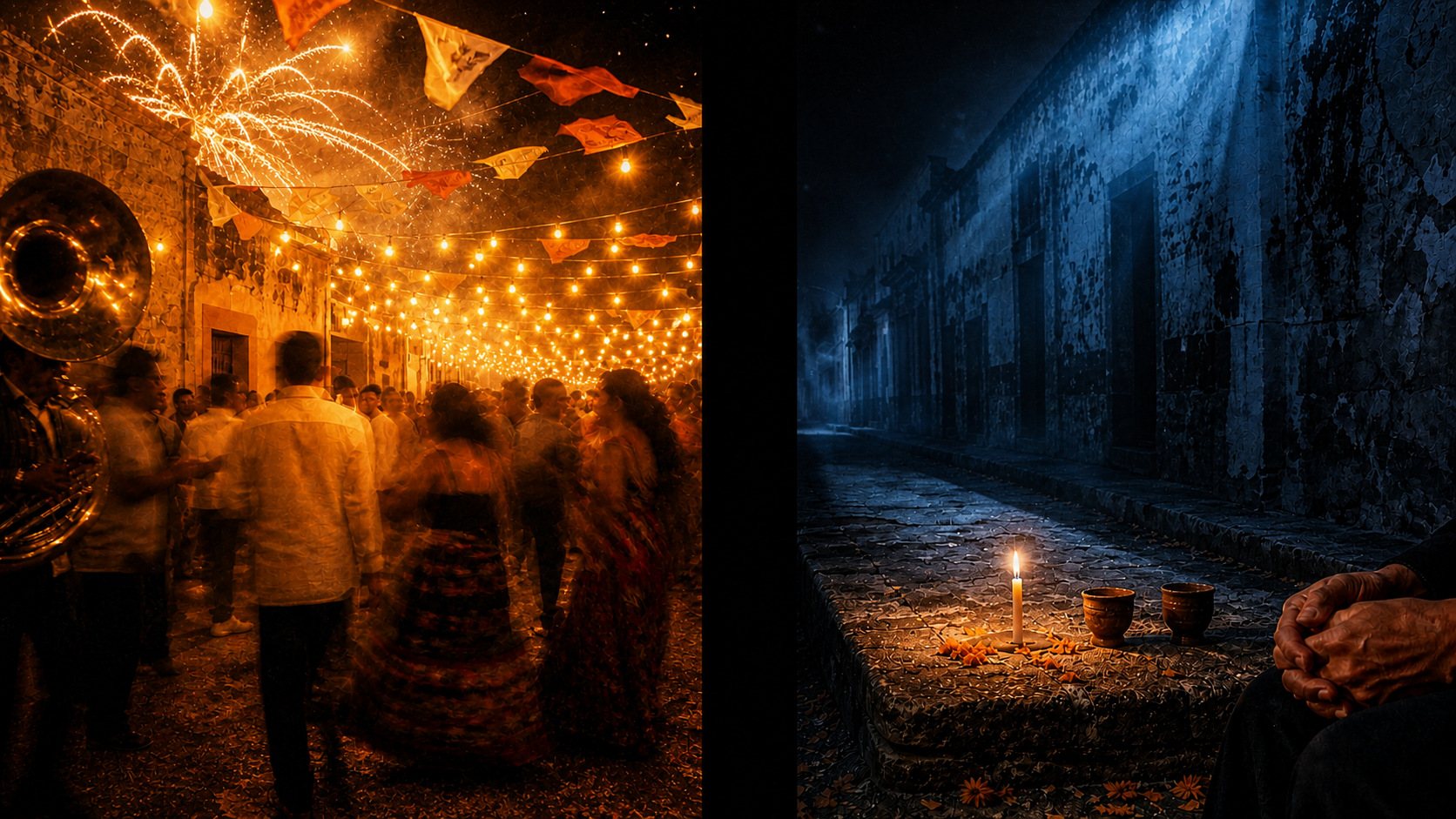 One frame split in two. On the left a street fiesta under strings of lights and papel picado, a brass horn, fireworks, dancers blurred with motion. On the right the same night gone still: a candle on a stone ledge, two copitas set out side by side, marigold petals, a pair of resting hands.