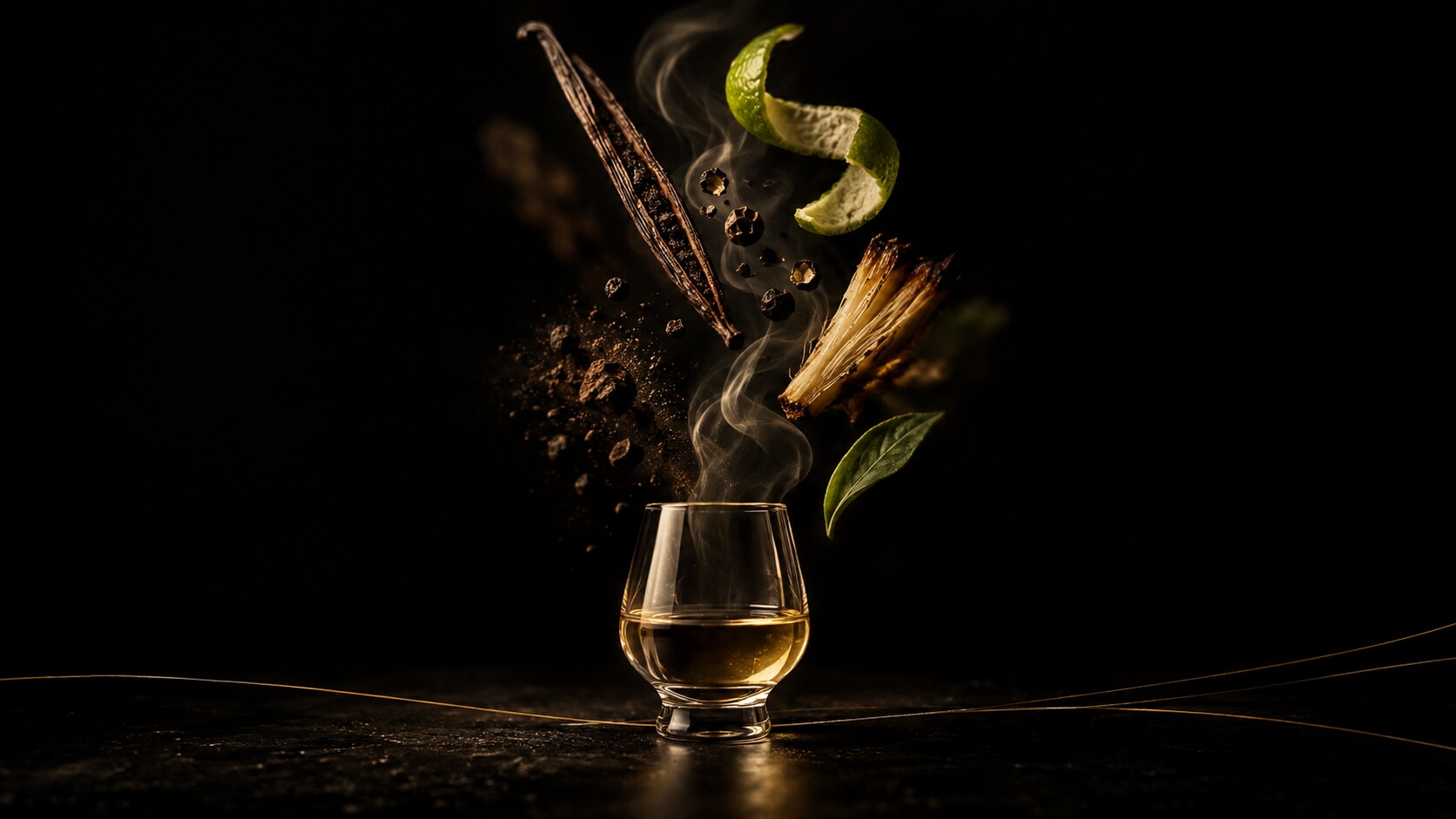 A small glass of golden spirit on black, with a vanilla pod, peppercorns, a curl of lime peel, a roasted piece of agave, crumbs of earth, a green leaf and a wisp of smoke floating above it.