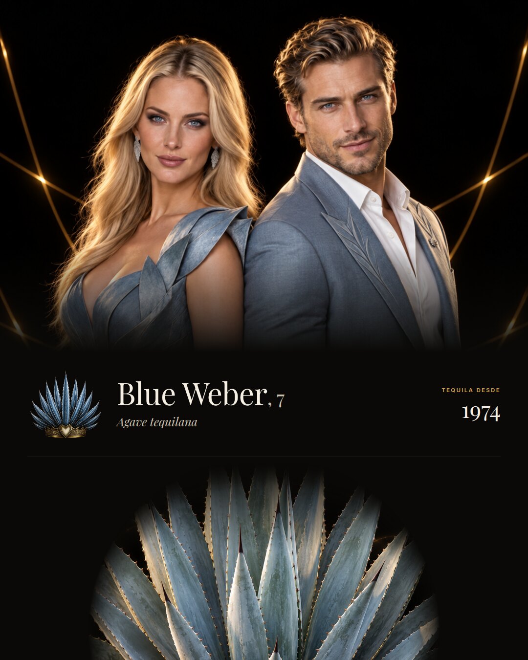 Blue Weber: una mujer y un hombre espalda con espalda mirando a la c&aacute;mara, la corona de la app junto al nombre y la planta abajo.