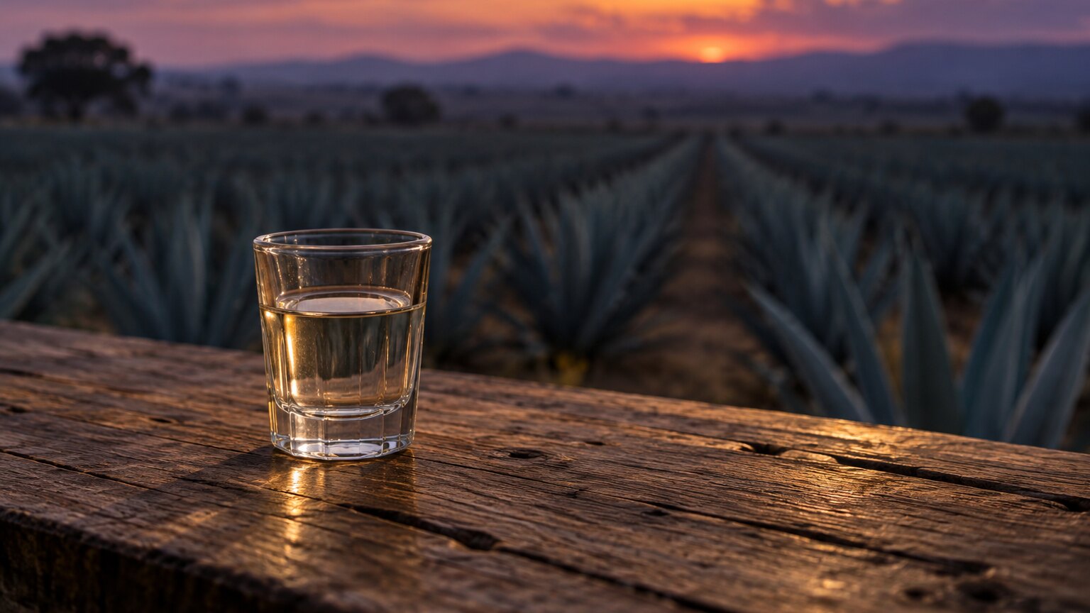 Una copita de destilado claro sobre una mesa de madera gastada al atardecer, con hileras de agave maduro perdi&eacute;ndose hacia un horizonte violeta.