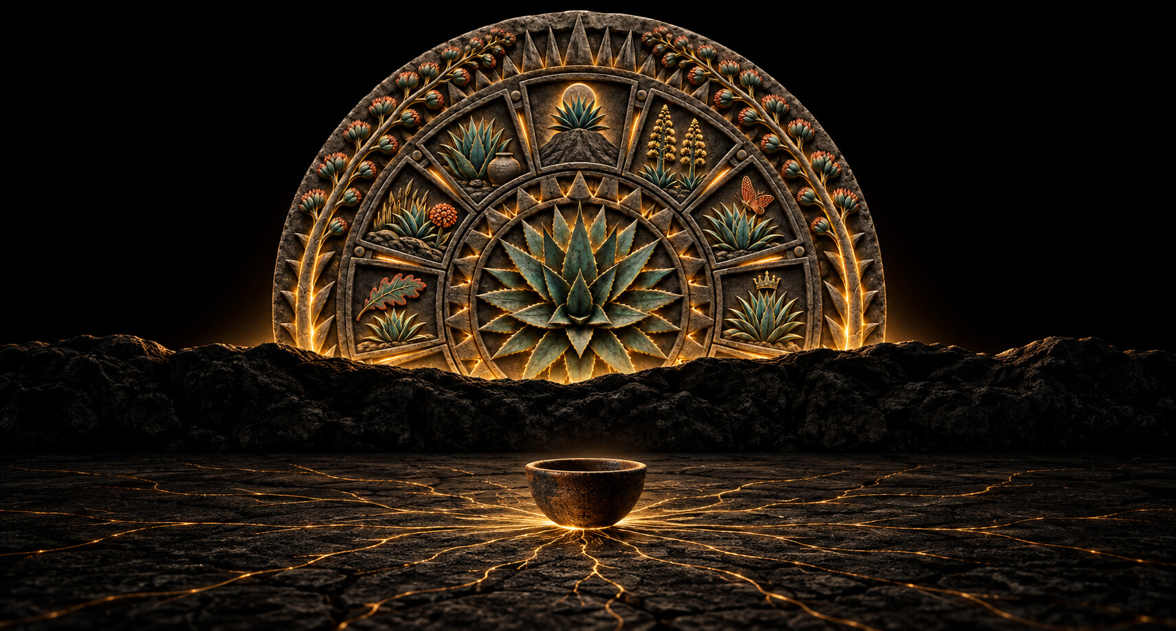 El calendario del agave, una rueda tallada con forma de Piedra del Sol y doce s&iacute;mbolos de agave, saliendo como el sol sobre un horizonte negro, con sus surcos brillando en dorado.