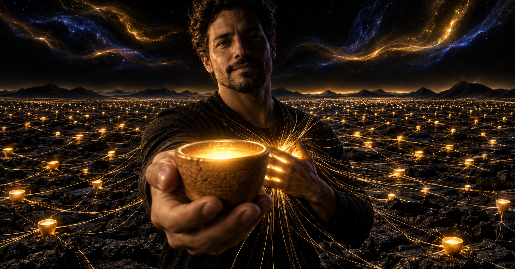 A man seen from the chest up offers a glowing clay copita toward the viewer with one hand and presses the other to his heart, light bursting between his fingers. Threads of golden light run from his hand across a vast black plain to hundreds of small glowing copitas, under a sky streaked with gold and indigo.