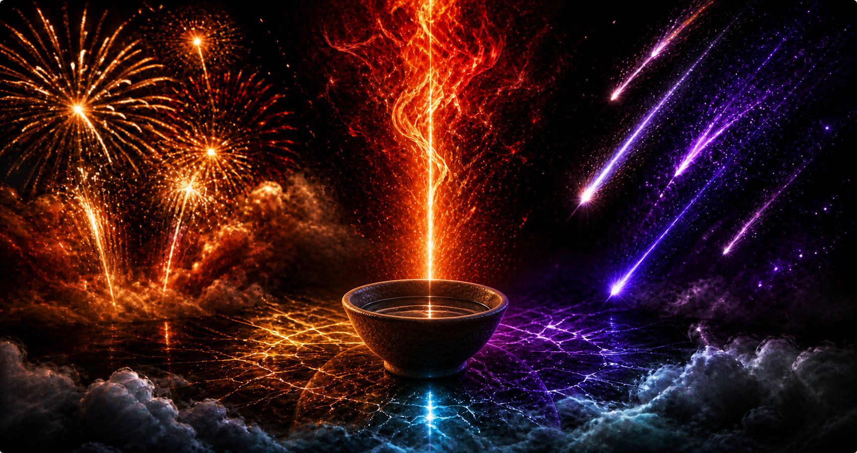 A dark ritual vessel at the center of a black field. Fireworks burst gold to the left, violet shooting stars streak down to the right, fire rises from the vessel, and pale clouds lie low across the foreground. Lines of light radiate across the ground like a grid.