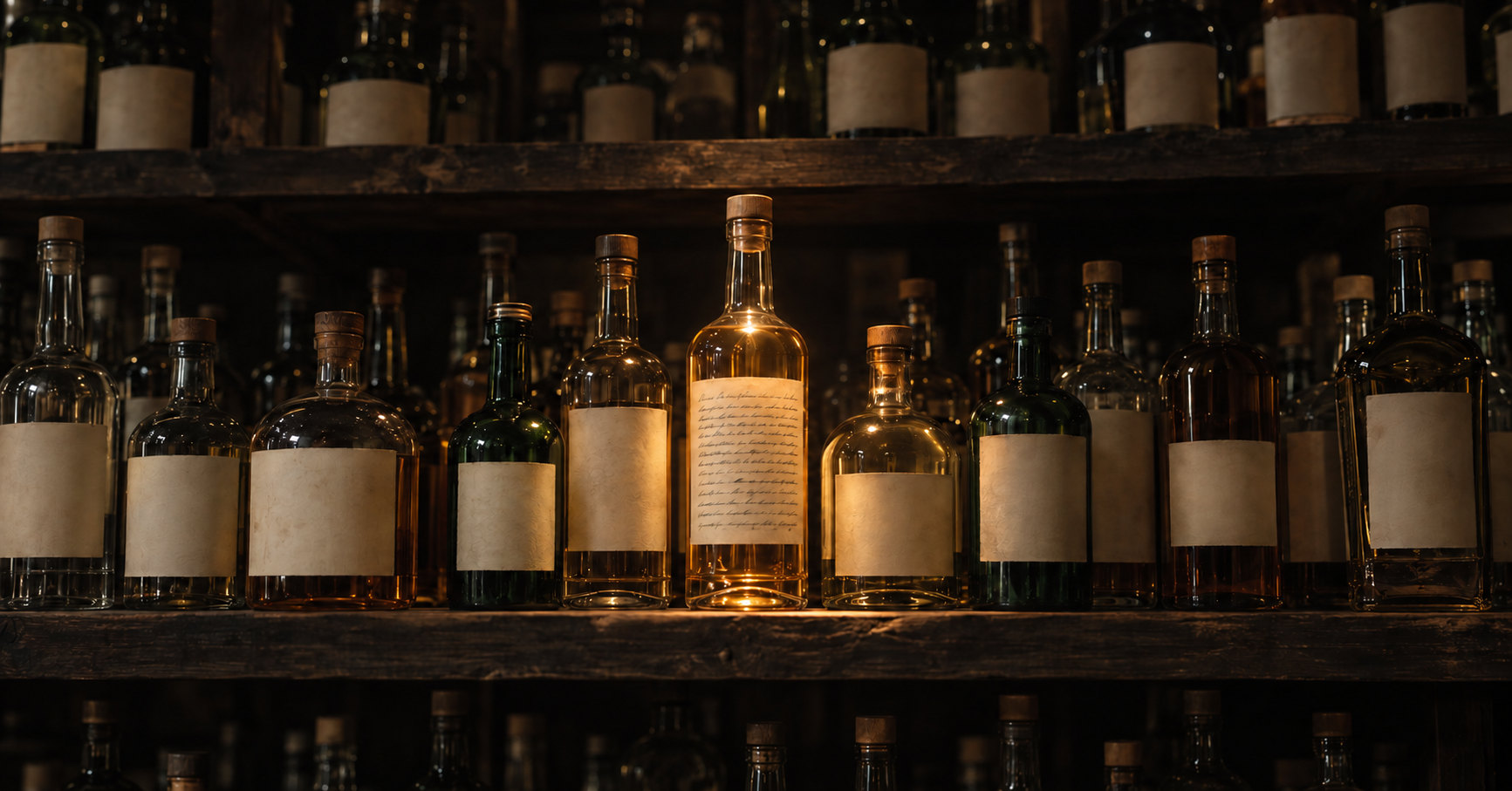 A shelf of spirit bottles in a dark cellar, every label blank, one bottle lit from above with dense handwriting across its label.