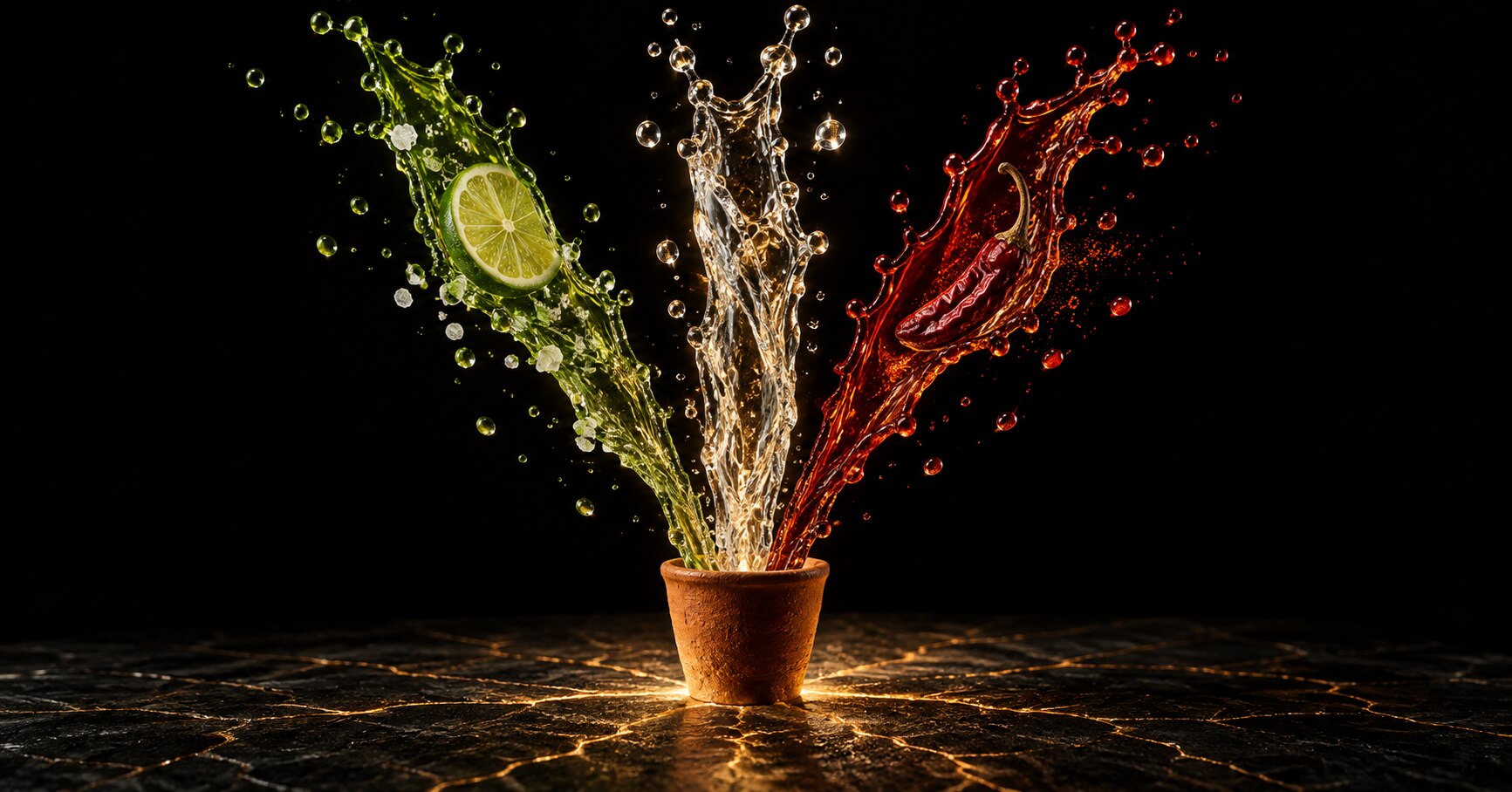 A single clay copita on black stone, and above it a drink coming apart in mid-air into three ribbons of liquid: lime green with a slice of lime and salt crystals, clear gold spirit, and chile red with a dried chile inside it. A web of glowing lines runs across the stone beneath the copita.