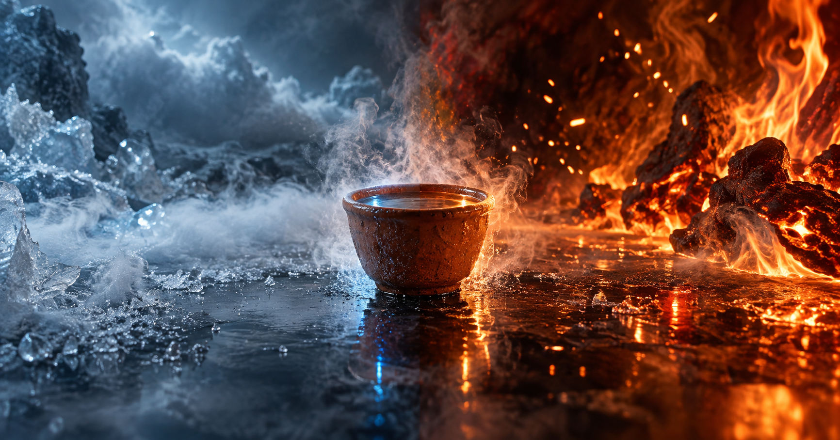A clay copita of clear spirit standing at the center of a wet black surface. Ice and blue mist fill the left half of the frame, lava rock and orange flame fill the right, and steam rises from the copita where the two meet.