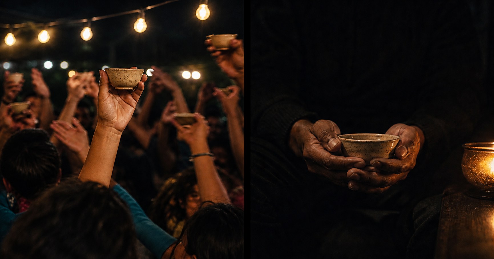 One frame split in two. On the left a copita raised high in a crowd of people mid-toast, hands and light everywhere. On the right the same copita held low and close by one person seated alone in the dark.