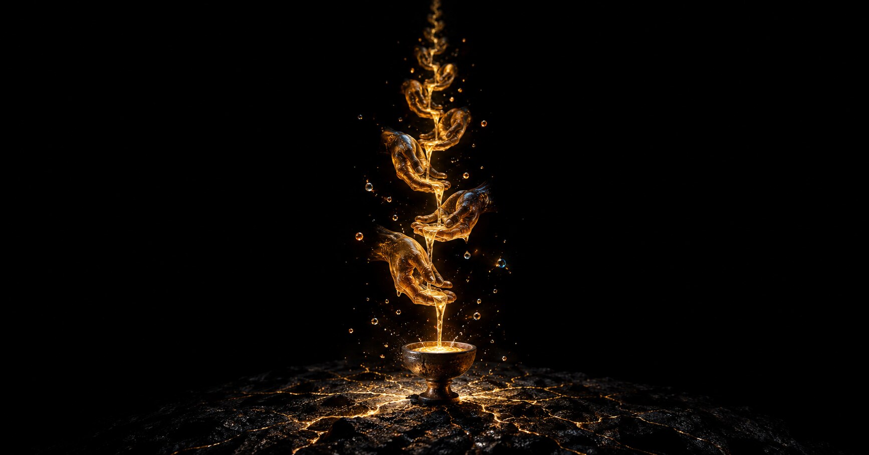 A column of glowing amber glass hands in the dark, each pouring a thread of liquid gold into the hand below, down into a small copita on black stone veined with gold.