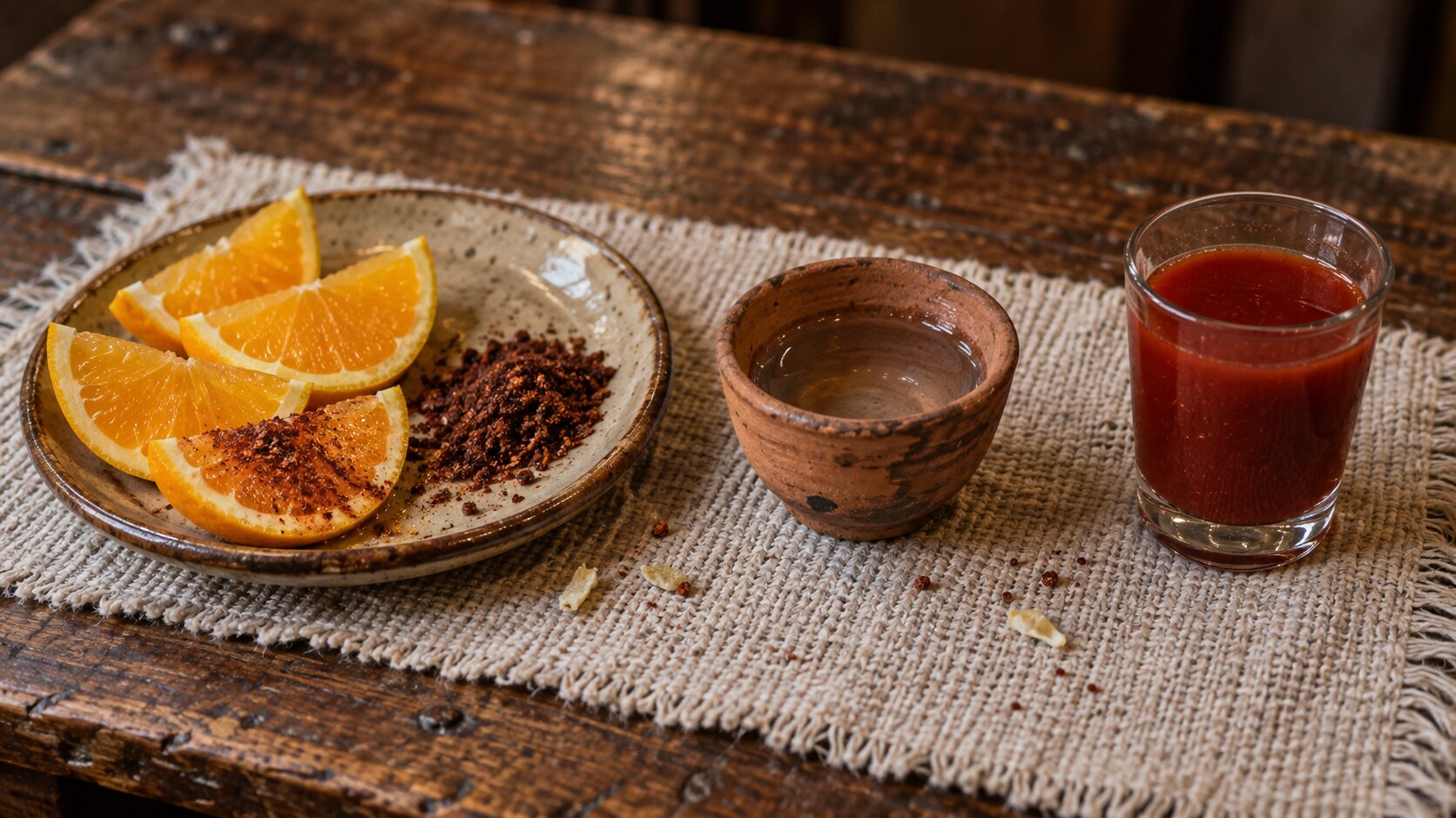 A mezcaler&iacute;a table on woven cloth: a plate of orange slices with a pile of dark red sal de gusano, one slice already dusted, a clay copita of clear mezcal, and a small glass of deep red sangrita.