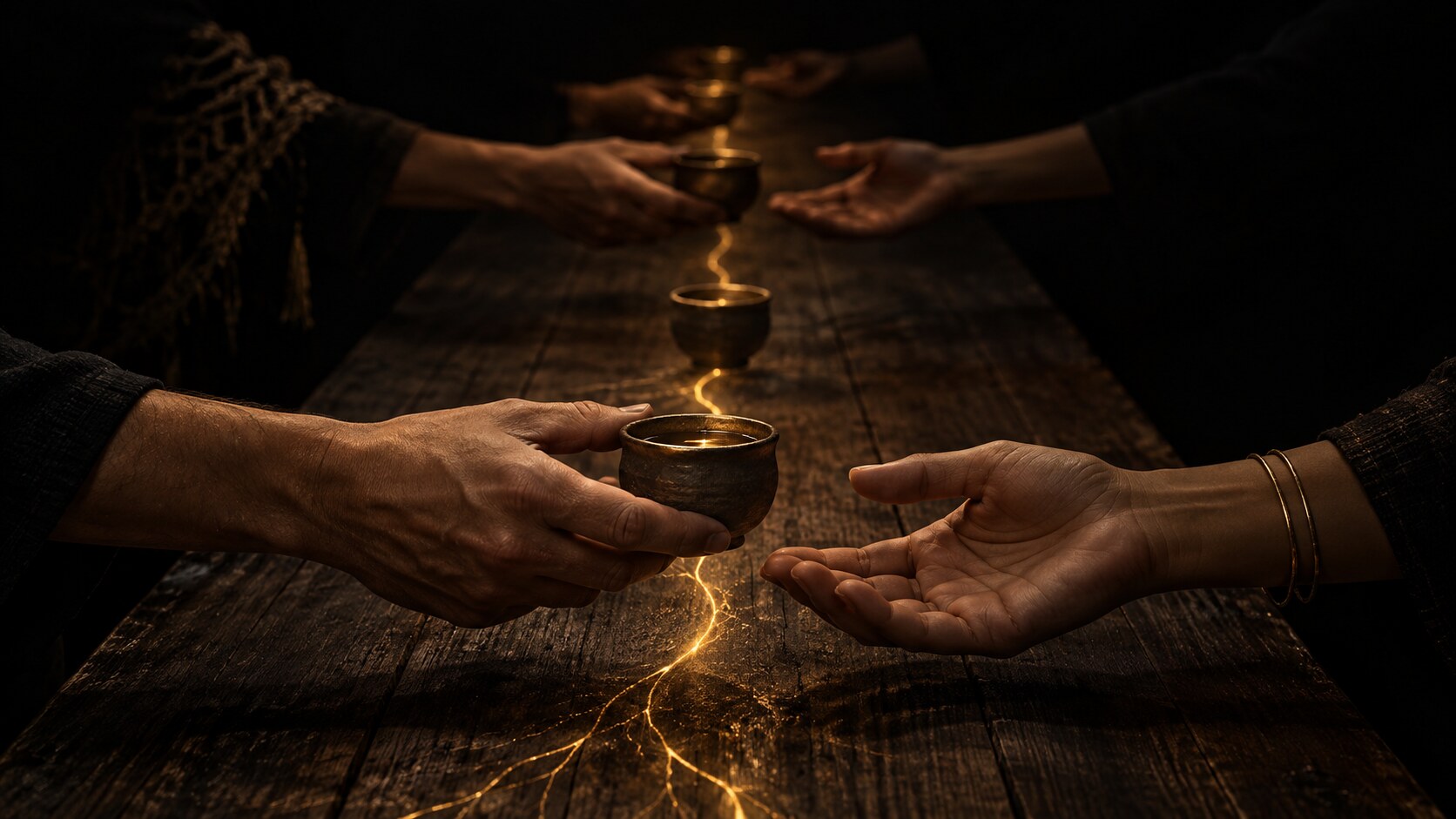 A long wooden table in the dark, hands on both sides passing small copitas from one to the next, a thread of golden light running between them.