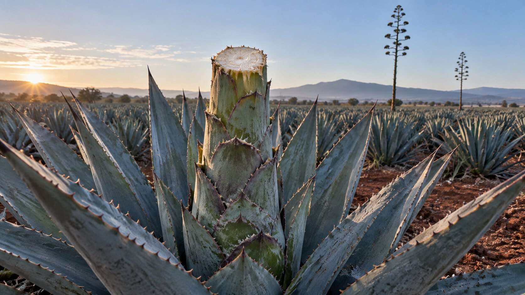 Un agave maduro fotografiado desde abajo y de cerca, con el quiote cortado limpio a un metro del coraz&oacute;n, el corte p&aacute;lido y fresco, y a lo lejos dos quiotes que siguen en pie.