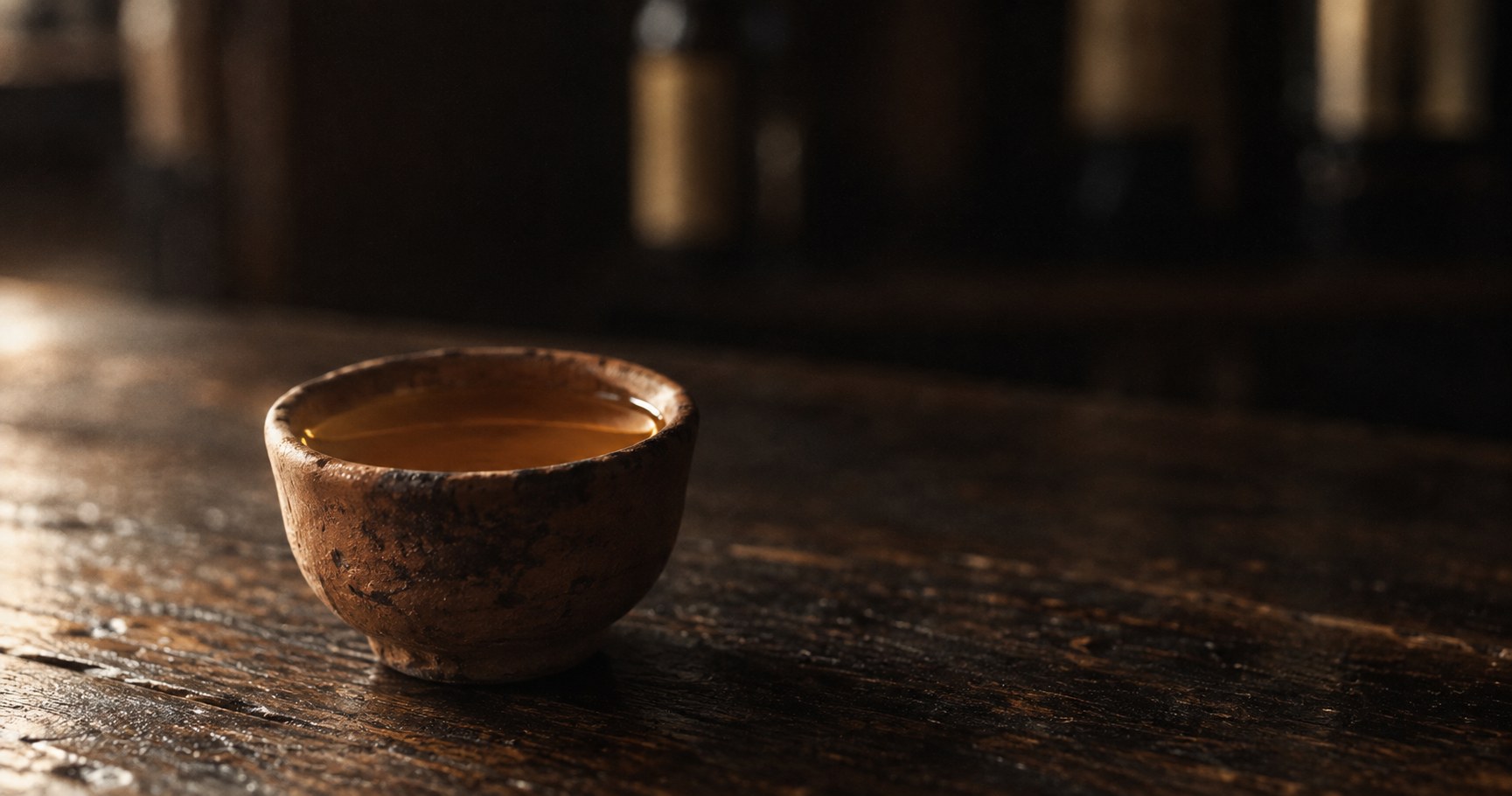 A clay copita sitting alone on a worn wooden bar in low warm light, the surface of the liquid completely still, bottles out of focus behind it.