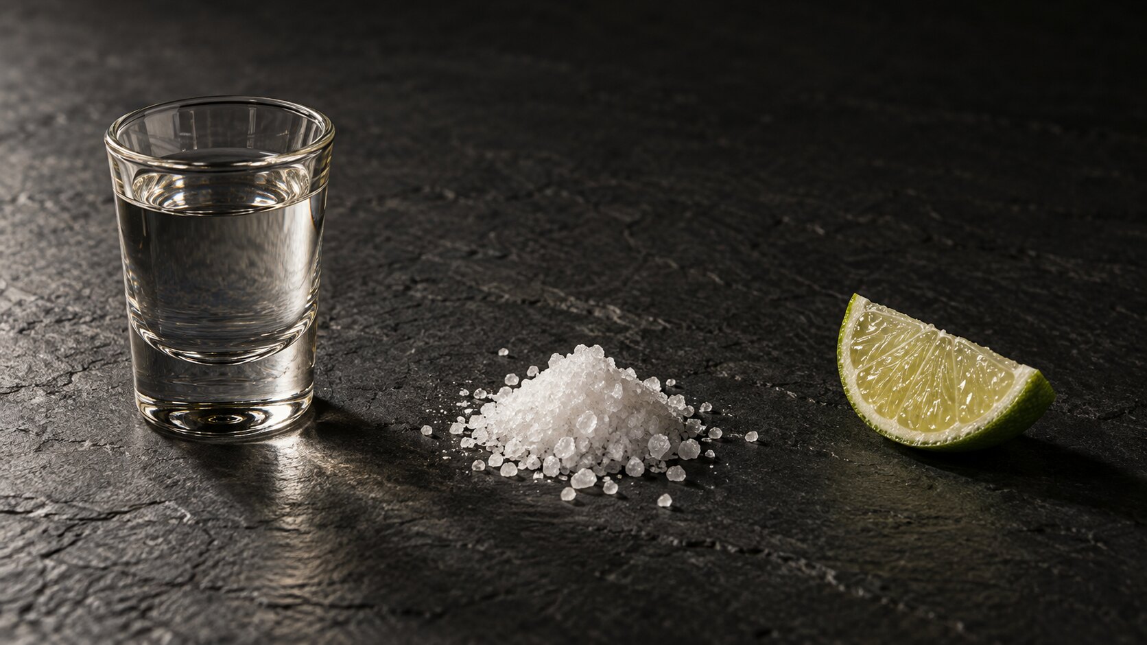 A formal still life on dark slate: a caballito of clear tequila, a small mound of coarse sea salt, and a single wedge of lime, spaced apart like tools laid out before use.