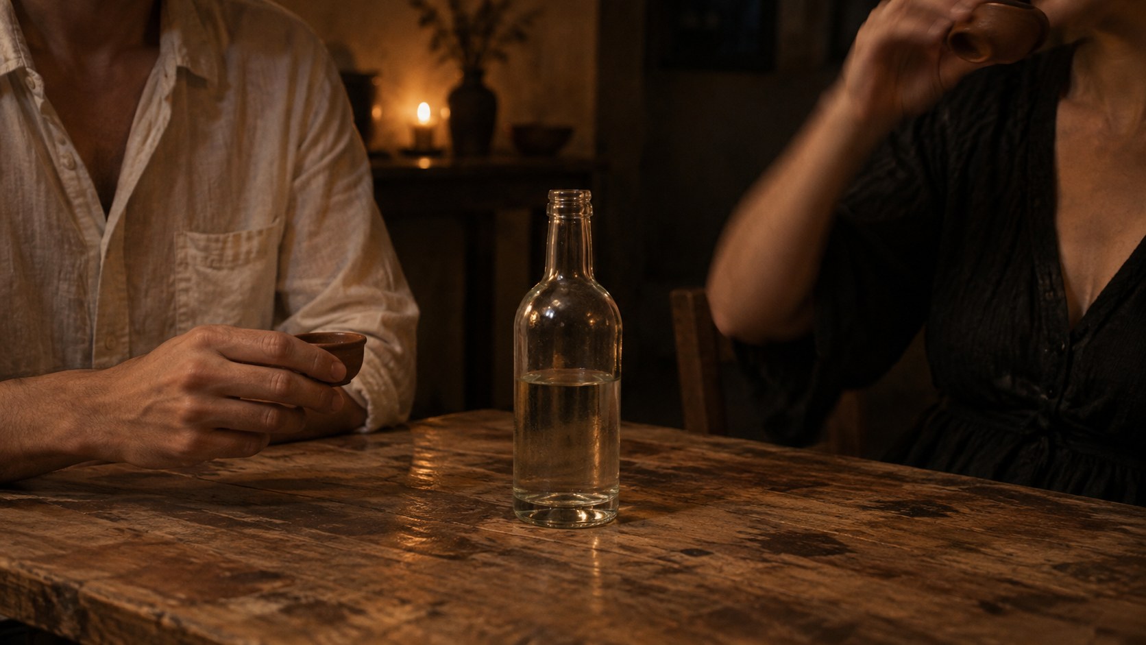 Two hands at the same table. One holds a copita low and level, still, halfway through a small sip. The other is tipping a copita all the way back.