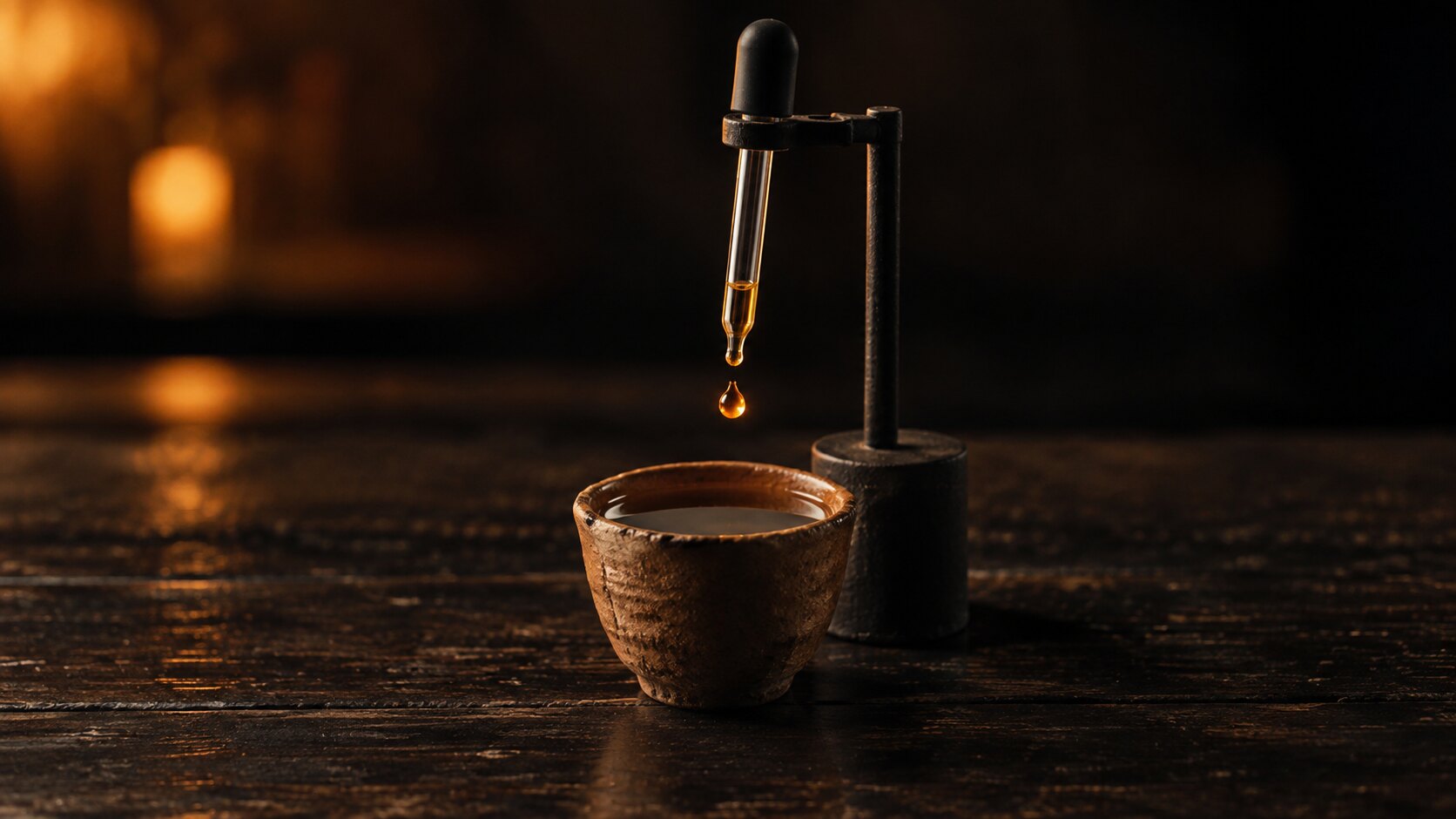 A clay copita of clear spirit on a dark wooden bar, and beside it a glass dropper standing in an iron holder, one amber drop hanging in mid-air above the spirit, lit from behind.