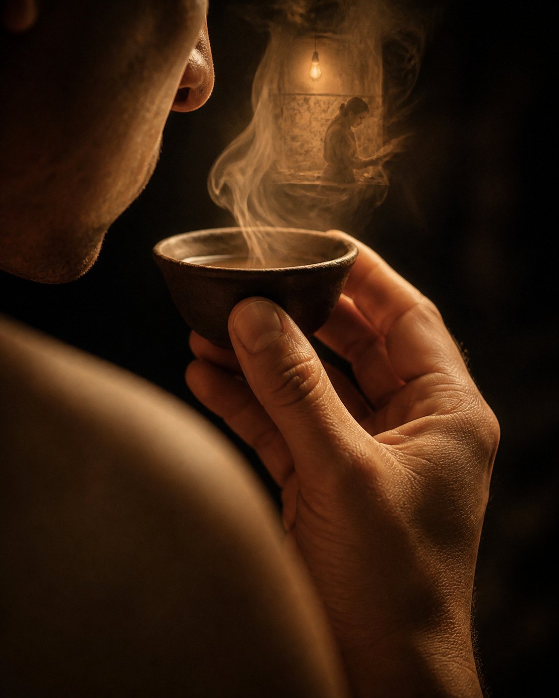 Seen over a man's shoulder, his face turned away. He holds a small clay copita just below his nose. The vapor rising from it resolves into a warm kitchen with a hanging bulb and a woman working at a stove.