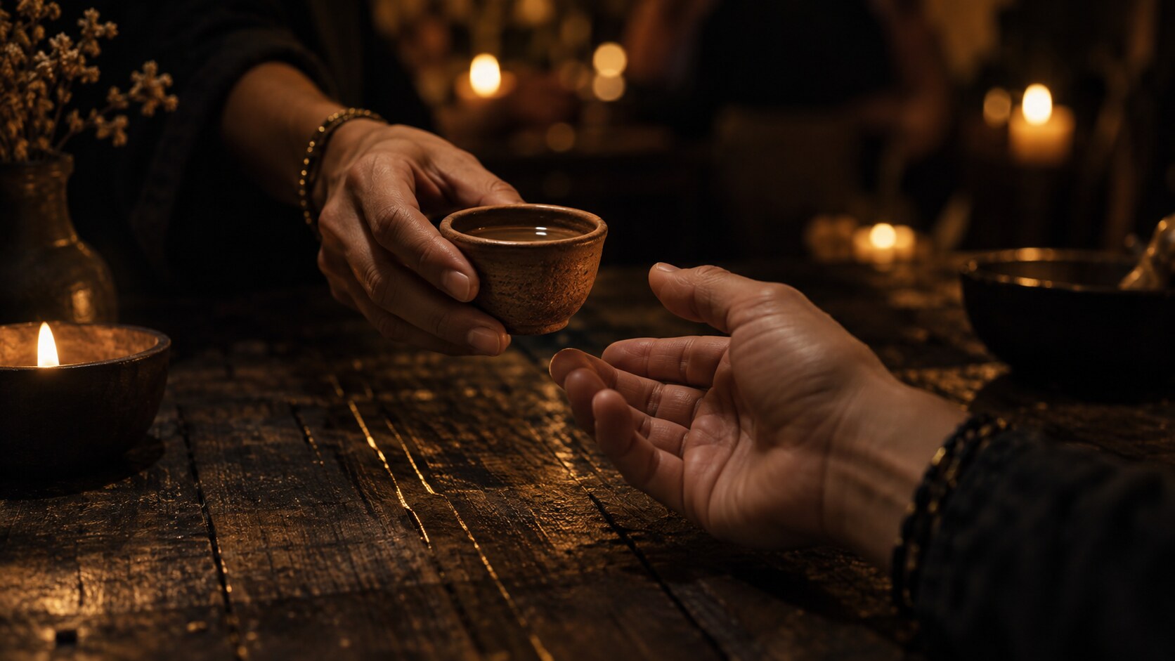 By candlelight at a wooden table, one hand offers a small clay copita to another hand held open to receive it.