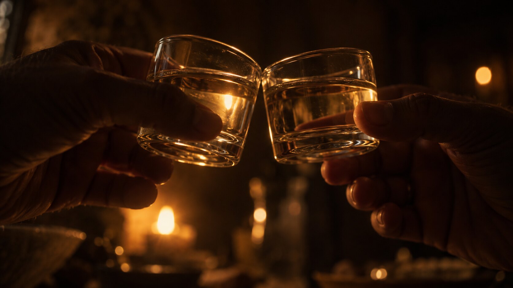Dos copitas de destilado claro toc&aacute;ndose en el borde a la luz de una vela, sostenidas por dos manos cortadas a la altura de la mu&ntilde;eca, el cuarto atr&aacute;s en penumbra.