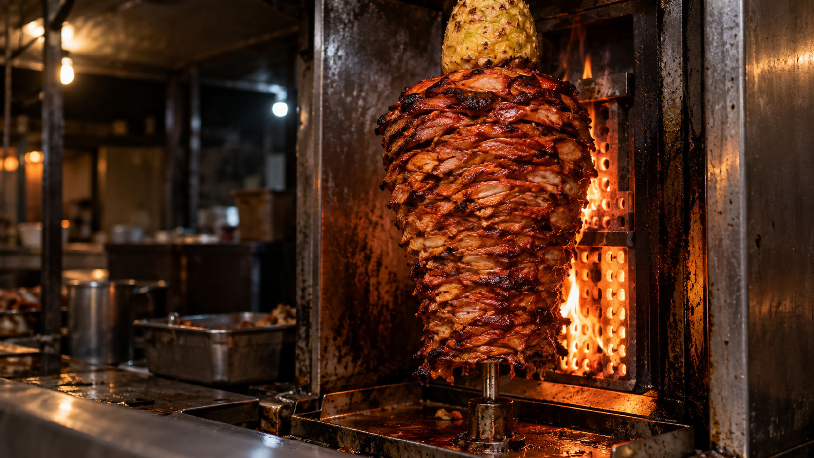 A trompo of al pastor turning beside a vertical flame broiler at night, a whole pineapple on top, the metal worn and shining with heat.
