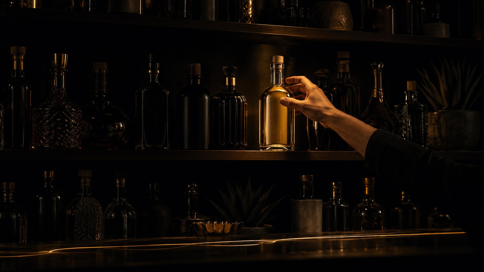A dark back bar with shelves of unlabelled bottles in shadow, and a hand reaching for the one bottle that is lit.