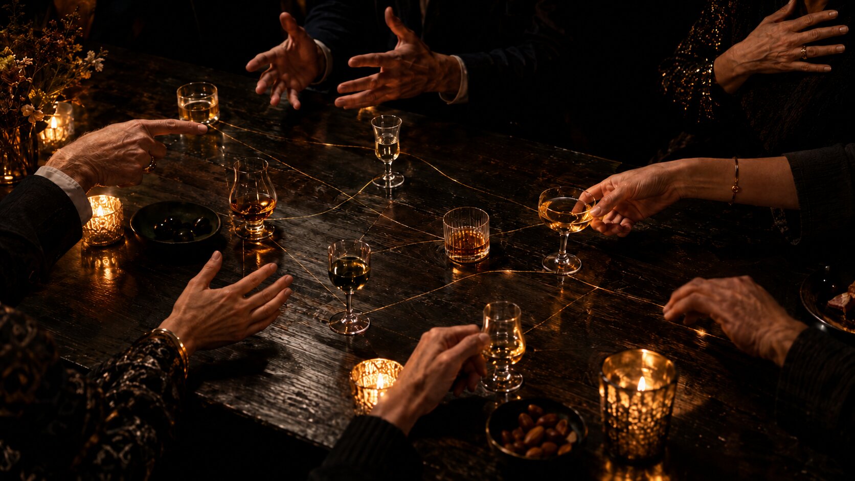A long dark table at a get-together, seen from above by candlelight: glasses of different spirits resting on the wood, joined by thin gold threads, and hands all around mid-conversation, pointing, gesturing, one pressed to a heart.