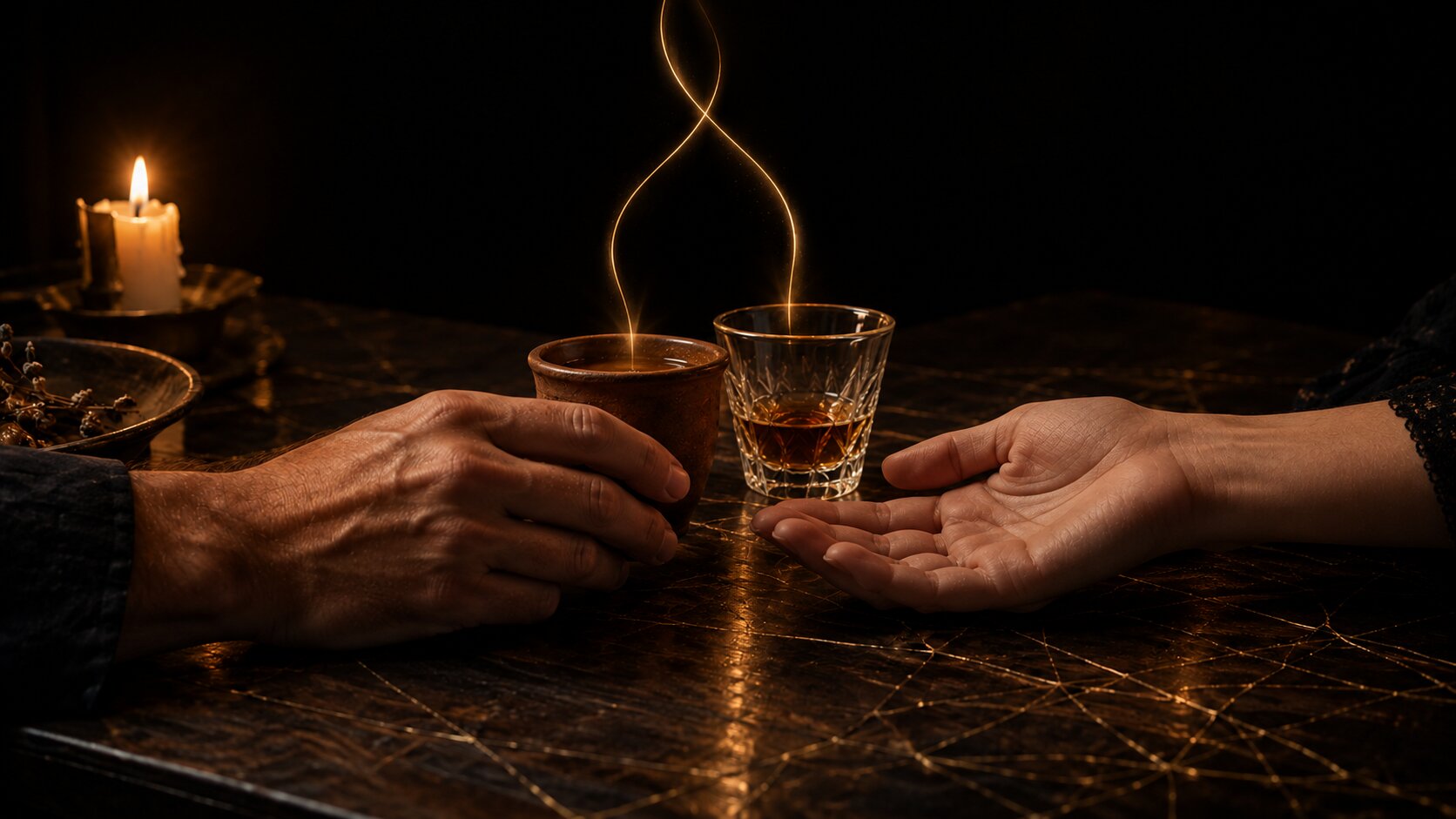 The end of the night by candlelight: one hand holds a clay copita beside a small glass on a dark table and offers it toward an open hand, while two thin threads of gold light rise from the glasses and twist into one.