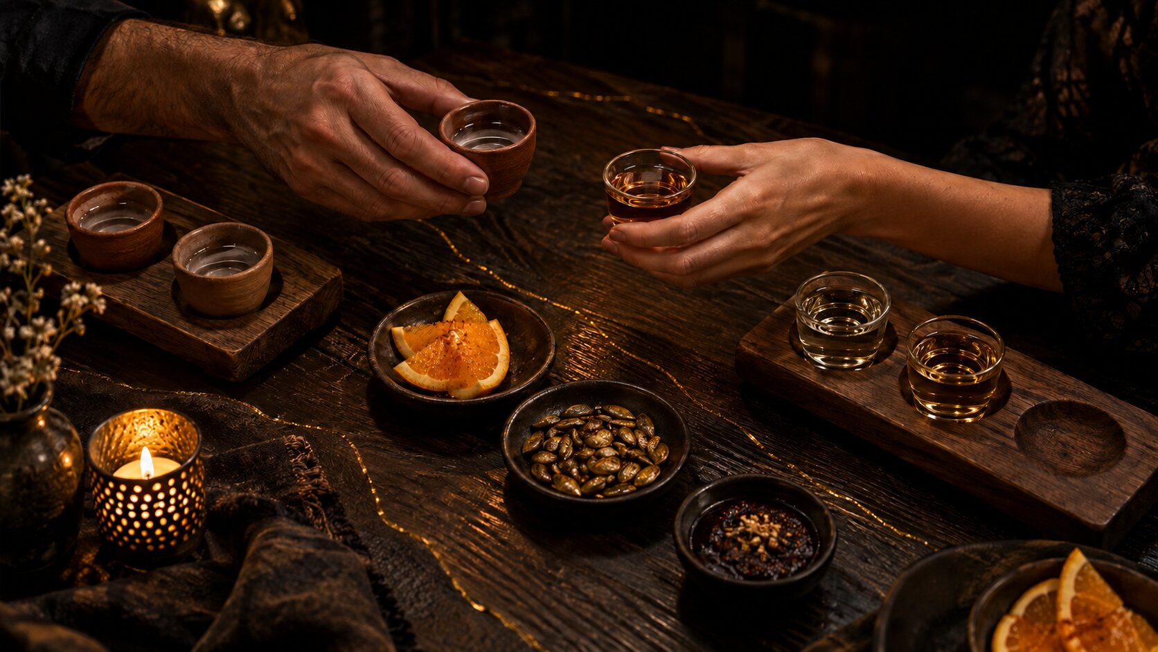 A dark wooden table by candlelight: a flight of clay copitas on one side, a flight of glass copitas from clear to amber on the other, small plates of orange slices, pepitas and mole between them, and two hands passing a glass across.