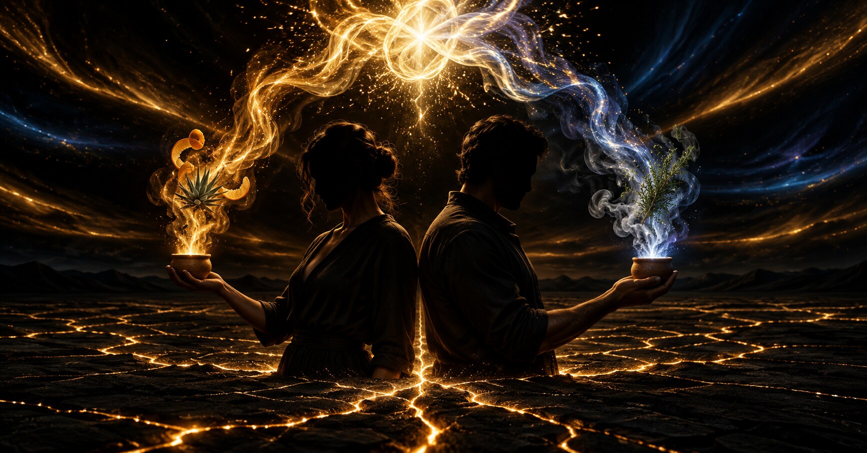 Two people stand back to back on a vast black plain cracked with glowing gold lines, each holding a glowing clay copita out to the side. From one rises a plume of amber light carrying orange peel and agave; from the other a plume of silver and indigo carrying smoke and a sprig of herb. The two plumes braid into one bright knot of gold light above them.